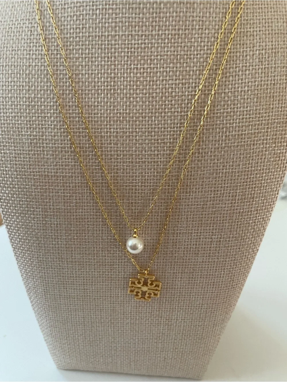 Tory Burch Gold Layered Necklace with White Pearl and Logo Pendant